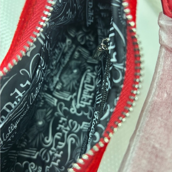 Von Dutch Red and White Rhinestone Velvet Shoulder Bag - Picture 2 of 8